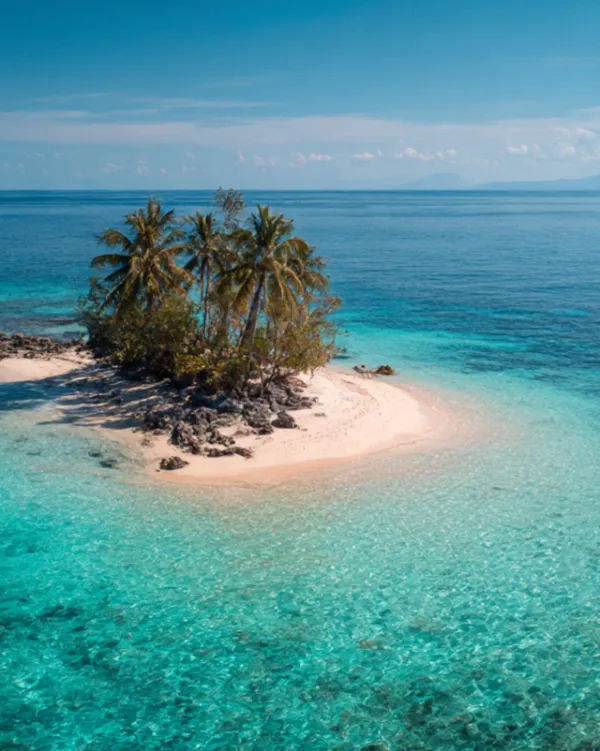 Aerial view of a small island with palm trees in the ocean
